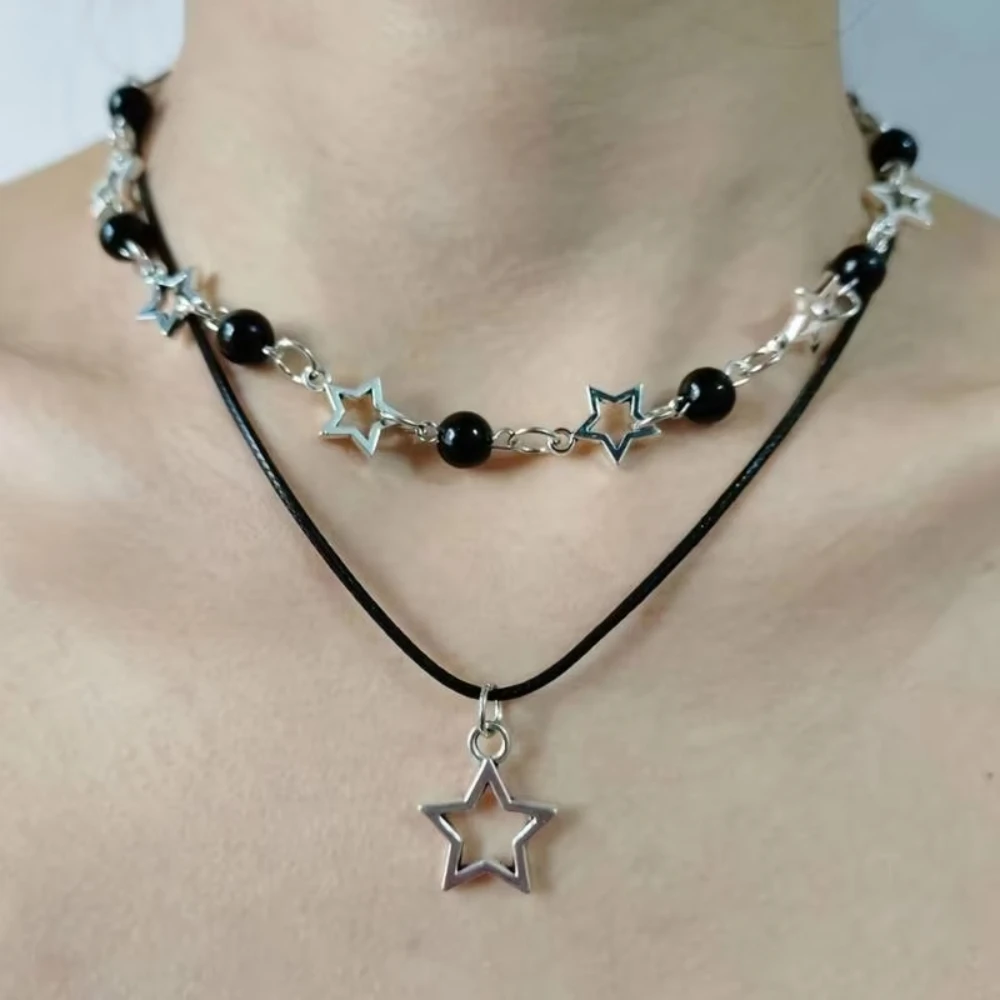 

﻿ Fashion Double Layered Black Bead Star Choker Necklace Punk Pentagram Leather Rope Necklaces For Women Girls Gift