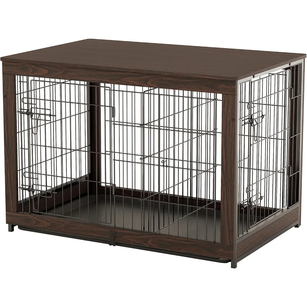 wooden dog crate furniture with divider panel, dog crate end table with fixable slide tray, double doors dog kennel indoor for
