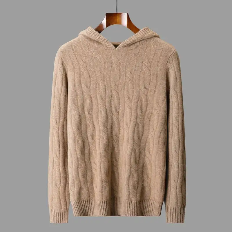 High-end 100% Cashmere Sweater Men's Hoodie Pullovers Cable Knit Thick Warm Autumn Winter Cashmere Knitwear Jumper Clothes Top