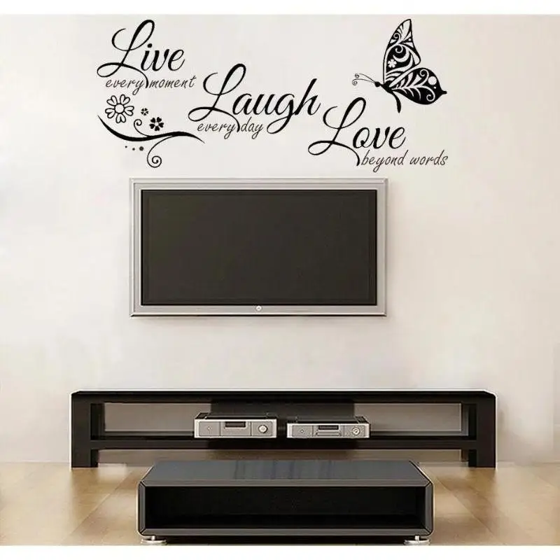 New Live Laugh Love Butterfly Flower Wall Art Sticker Modern Wall Poster Quotes Vinyls Stickers Home Decor Living Room Ornament