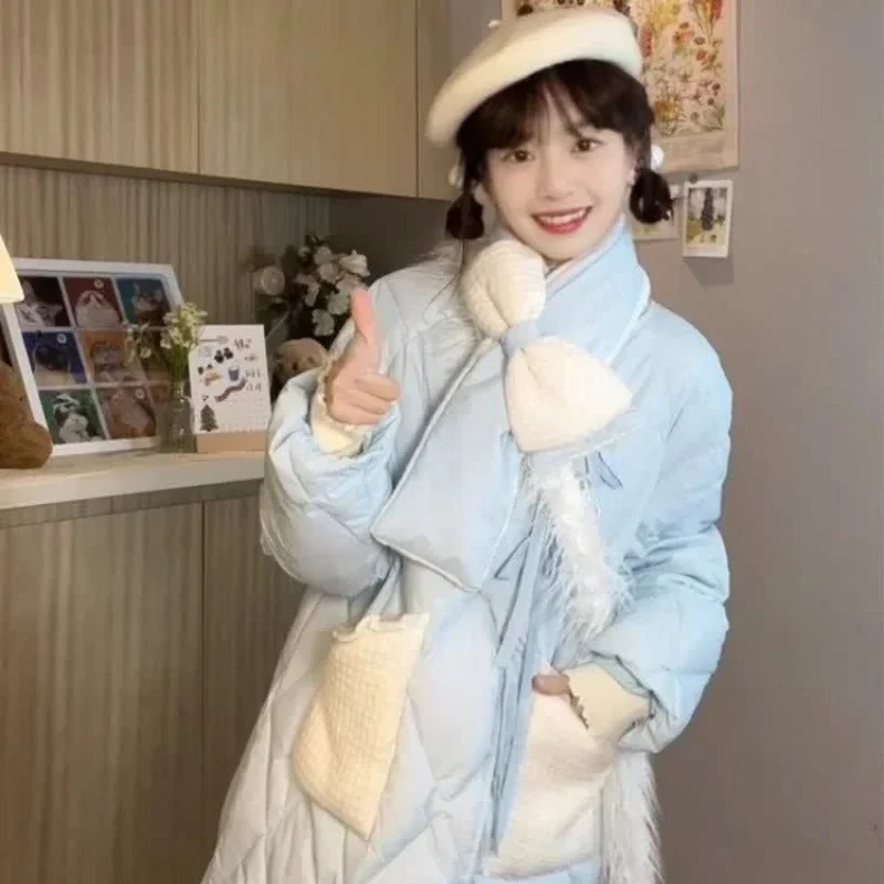 Super Cute Light Blue Diamond Check Cotton-padded Jacket Women's Mid-length Winter New Gift with Detachable Bow Bib Coat Coat