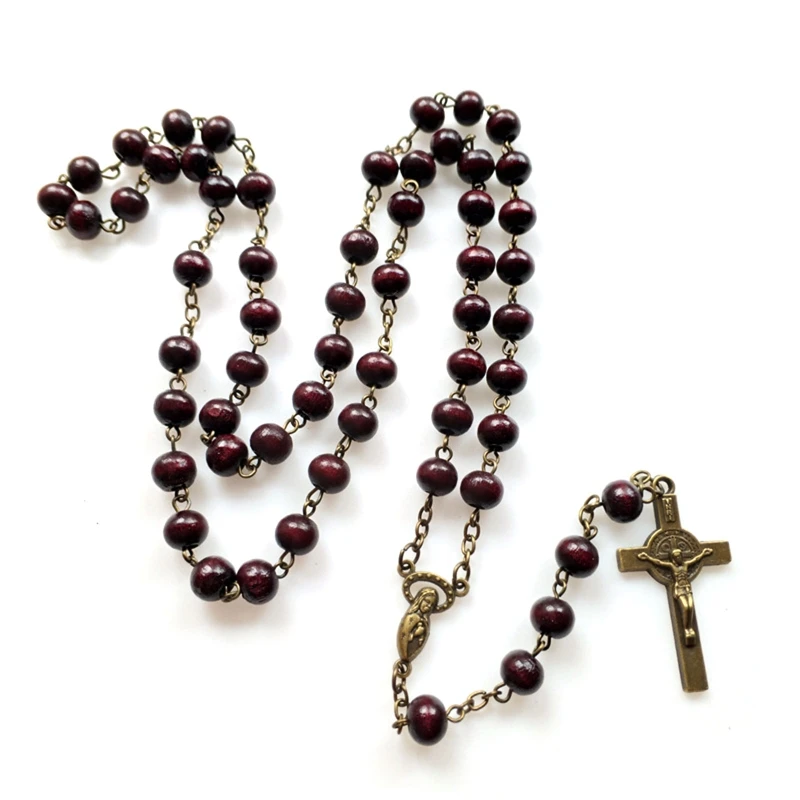 Catholic Wood Beaded Rosary Necklaces For Women Christian INRI Crucifix Cross Pendant Long Chain Men Religion Prayer Jewelry