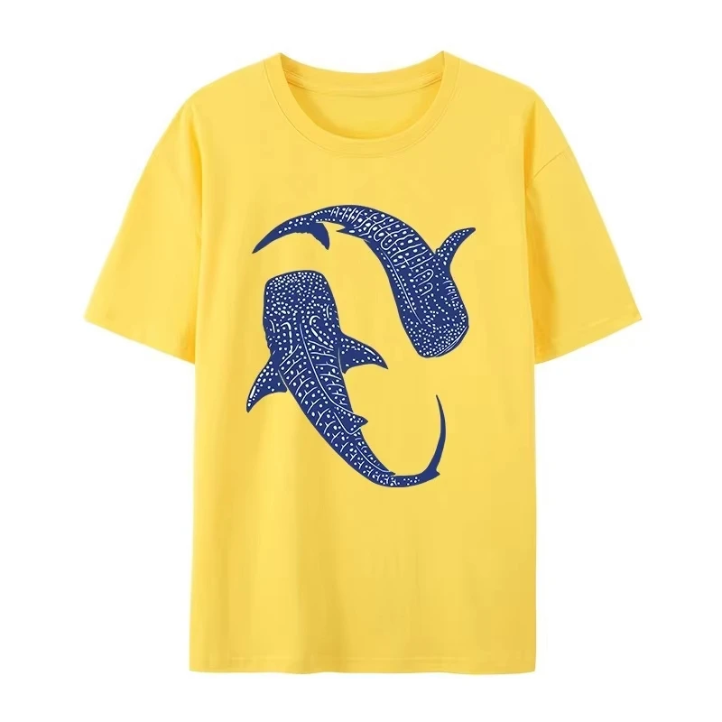 T-Shirt à manches courtes pour femmes, imprimé baleine bleue et requin, haut décontracté, Design graphique élégant, été