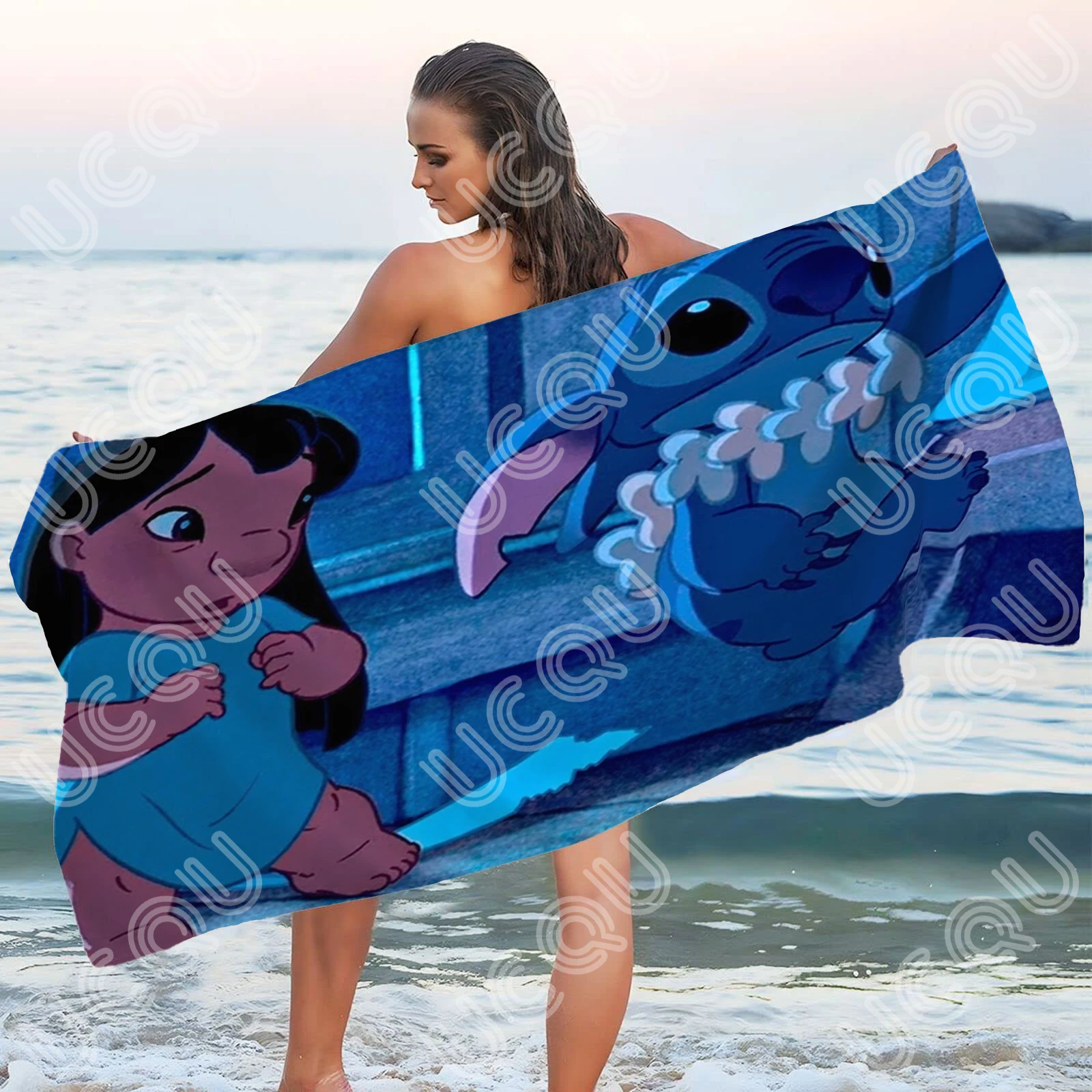 منشفة شاطئ ليلو وغرزة متعددة الأحجام بطباعة ثلاثية الأبعاد منشفة حمام كرتون مع ألياف فائقة الدقة وخفيفة الوزن سريعة الجفاف طباعة نشطة