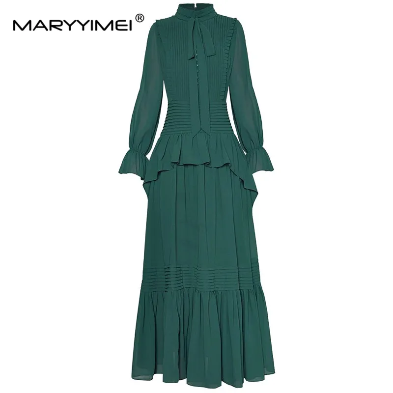 MARYYIMEI Fashion Women's 2024 Spring Stand-Up Collar Bow Flare Sleeve Pleated High-Waisted Flounced Edge Ball Gown Long Dress