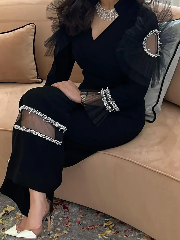 Jirocum Meerjungfrau-Abschlussballkleider für Damen, V-Ausschnitt, schwarzer Kristall, Party-Abendkleid, Rüschen, Perlen, lange Ärmel, formelles Anlasskleid 2024