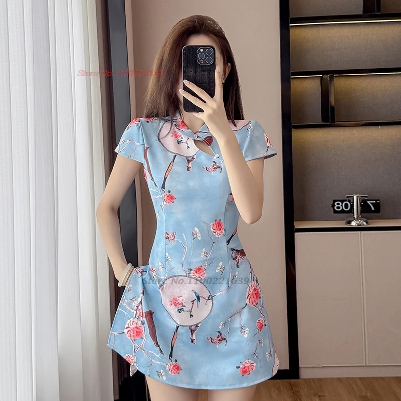 

2026 китайское клубное платье с цветочным принтом, улучшенное ципао + шорты, традиционное восточное платье для отеля, спа-салона, работы, ципао