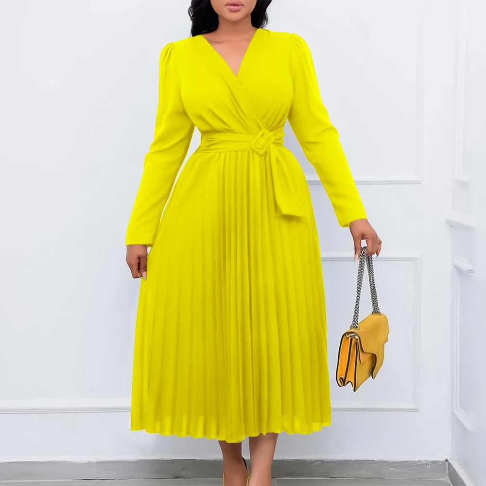 

Elegant Pleated Dresses Full Sleeve V Neck Sashes Ankle Length Autumn 2023 New Birthday Party Dinner Vestidos Mujer Dress Cloth