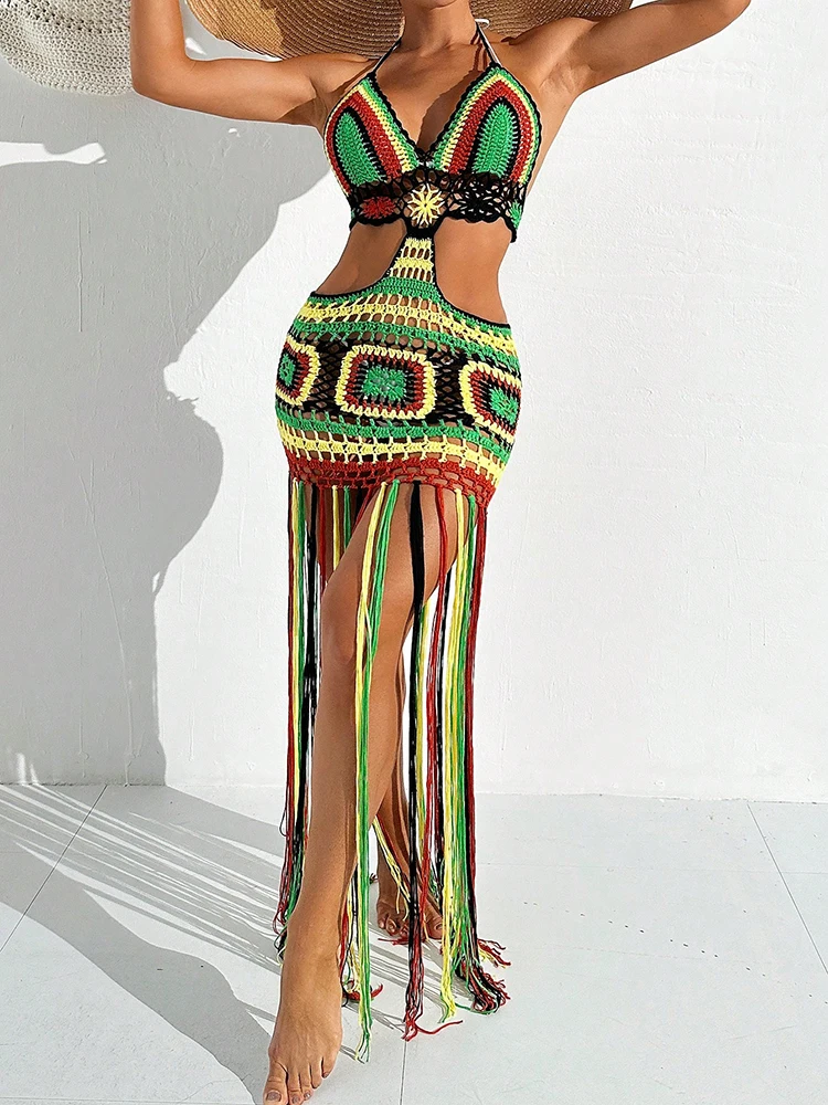 المرأة الصيف الكروشيه الرسن العميق الخامس الرقبة التستر متعدد الألوان ملابس السباحة طويلة شرابة بيكيني فستان منسوج التستر عارية الذراعين بحر