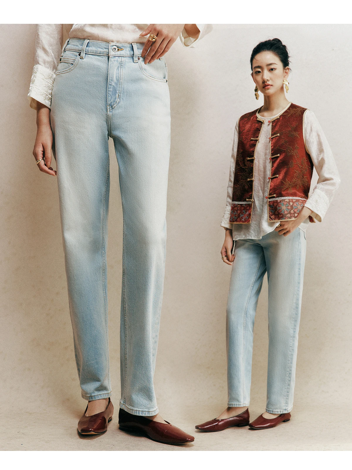 

Comfortable Micro Elastic Women's Jeans Light Blue Heavy Waed Old Hole Micro Cone Denim Pants l Waist Cotton Stretch