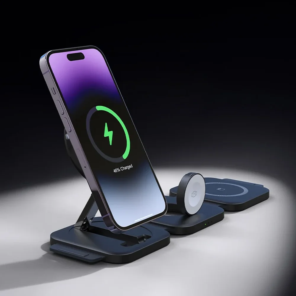 

Складное беспроводное зарядное устройство для iPhone 17, 16, 15, 14, 13, 12, светодиодная док-станция для Apple Watch S9 Ultra 2, держатель AirPods Pro IWatch