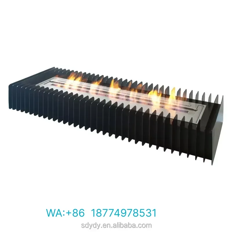 36in Modern Rectangular Bioethanol Fireplace Black Metal Surround Stainless Steel Linear Burner Insert for Living Hotel Villa