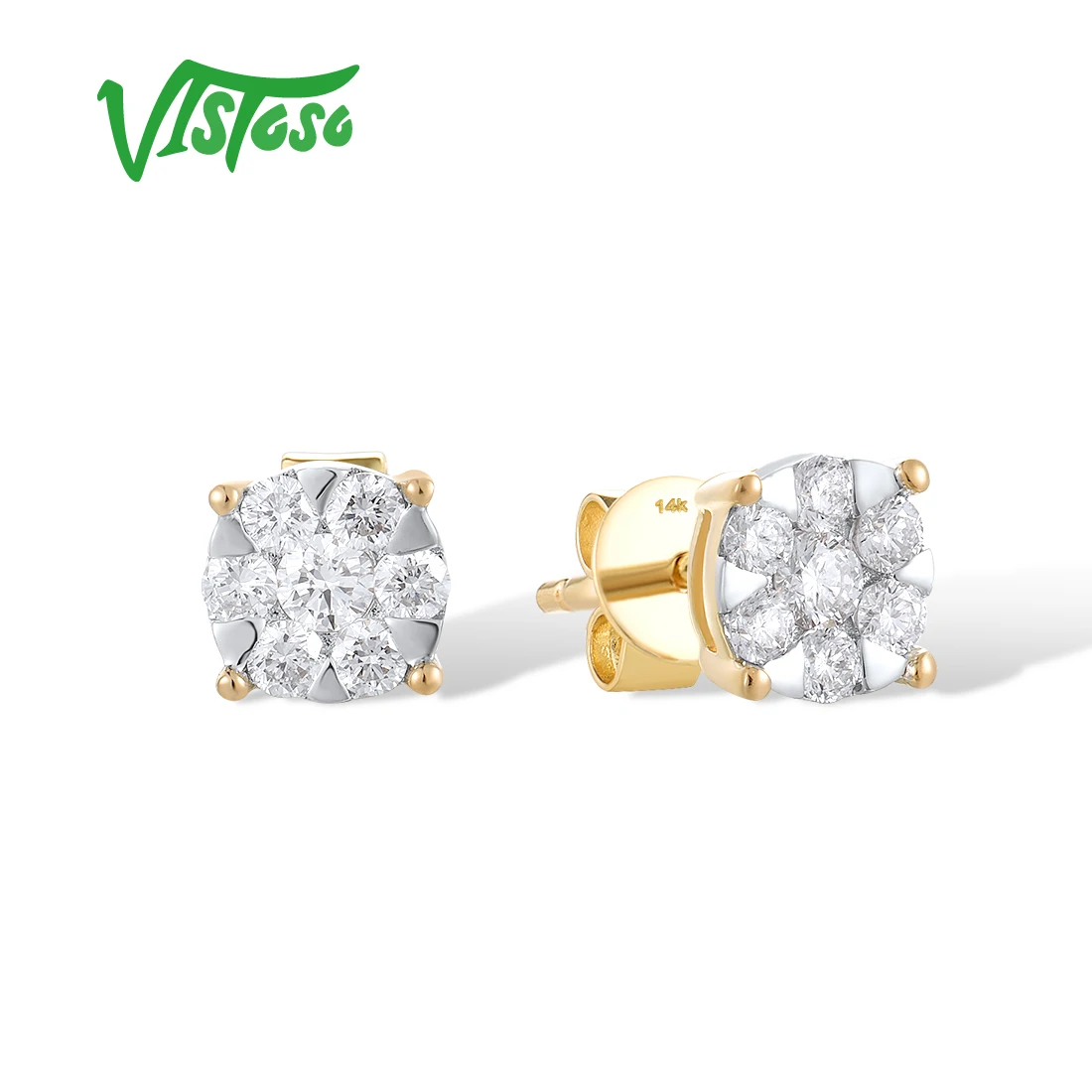 VISTOSO Gold Earrings For Women 14K 585 Rose Gold Sparkling Diamond Dainty Round Cirle Stud Earrings Fashion Trendy Fine Jewelry