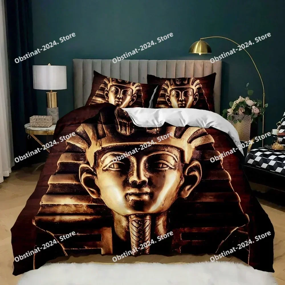 Pharaoh Bedding Sets,King Size 3D Ancient Egypt Tribe Decor Comforter Cover Set for Adult Egyptian Pyramid Polyester Duvet Cover