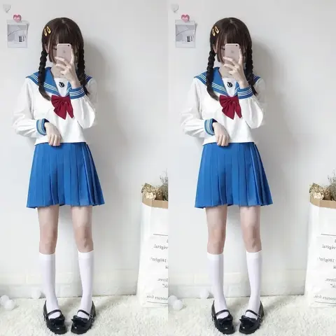 일본 학교 JK 유니폼 긴 반팔 셔츠 플리츠 스커트 정장, 십대 소녀 치어리더 코러스 파티 세일러 유니폼