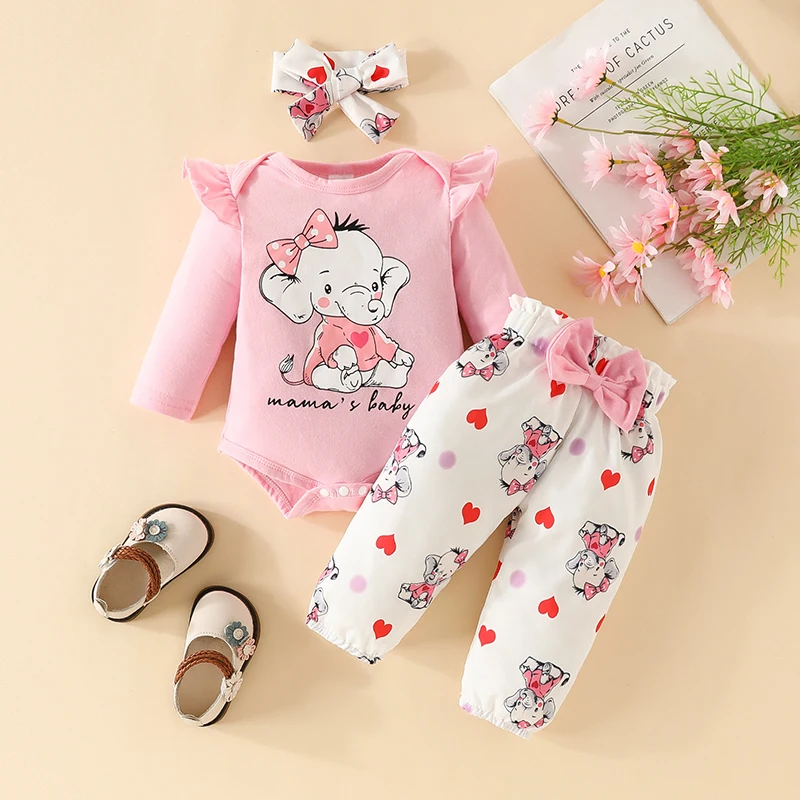 

Baby Girl Clothes 3 Piece Newborn Set Pink Long Sleeve Elephant Print Bodysuits Trousers With Hairband Baby Outfits 0-18 Months