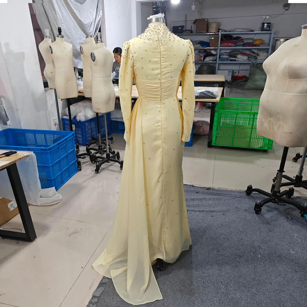 Customized Draped Bead Evening Dress High Neck Long Sleeve Abiye Formal Dresses Yellow Chiffon vestidos de fiesta