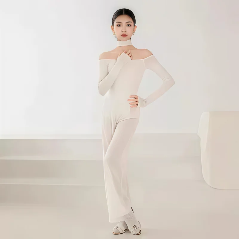 

customized women adult girl Latin dance costume one shoulder hanging neck long sleeved slim fit pants practice set fringe dress