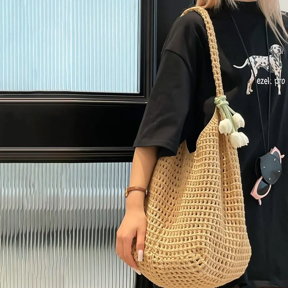 

Модная вязаная сумка через плечо с подвеской-тюльпаном, пляжная ажурная сумка-тоут для отпуска, повседневная плетеная сумка для лета