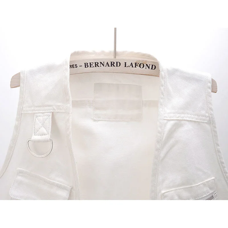 

Fashion White Denim Vest Casual Waistcoat Spring Korean Women Slim Short Sleeveless Jacket Coat Big Pocket Jeans Vests Female