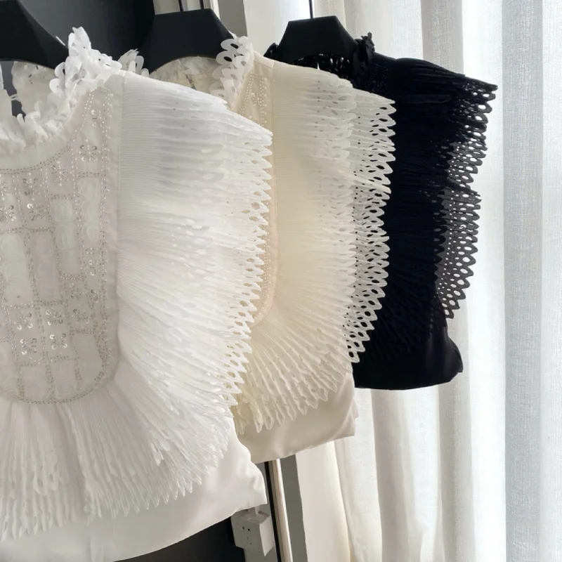 2025, verano, europeo, ropa, satén, blusa, elegante, sexy, soporte, patchwork, brillante, rebordear, 3D, volantes, mujer, sin mangas, jersey, tops, 555