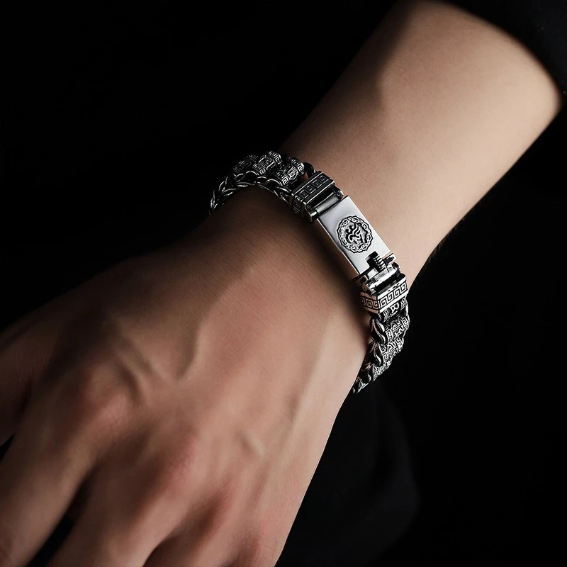 

Silver Color Handmade Transfer Beads Men Women Bracelet Vintage Buddhist Six-character Mantra Turning Cylinder Chain Bangles