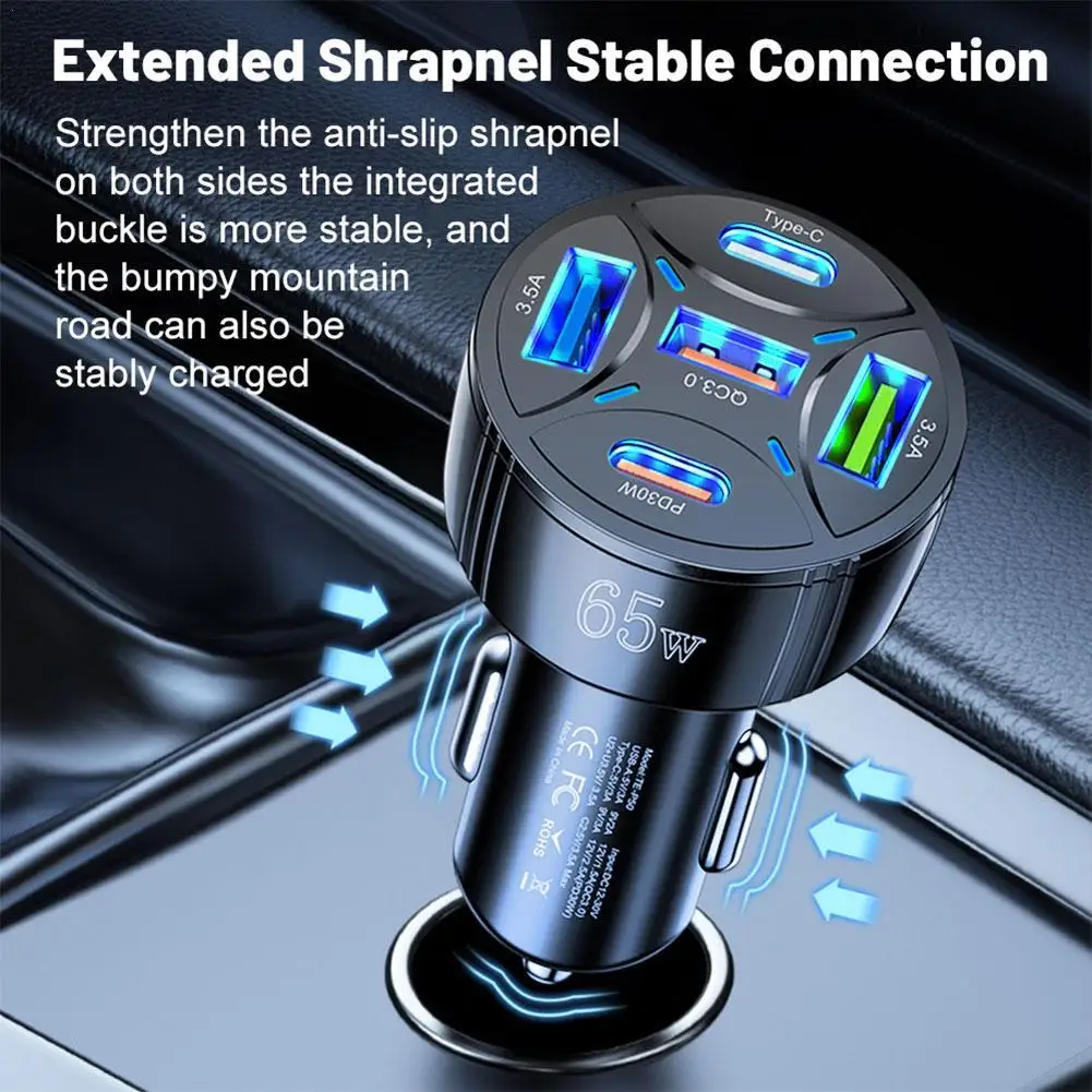 

65W Car Charger Lighter PD Fast Charging With 5 Port 3USB 2PD Mini Car Phone Charger For Samsung Charger Car Accessories