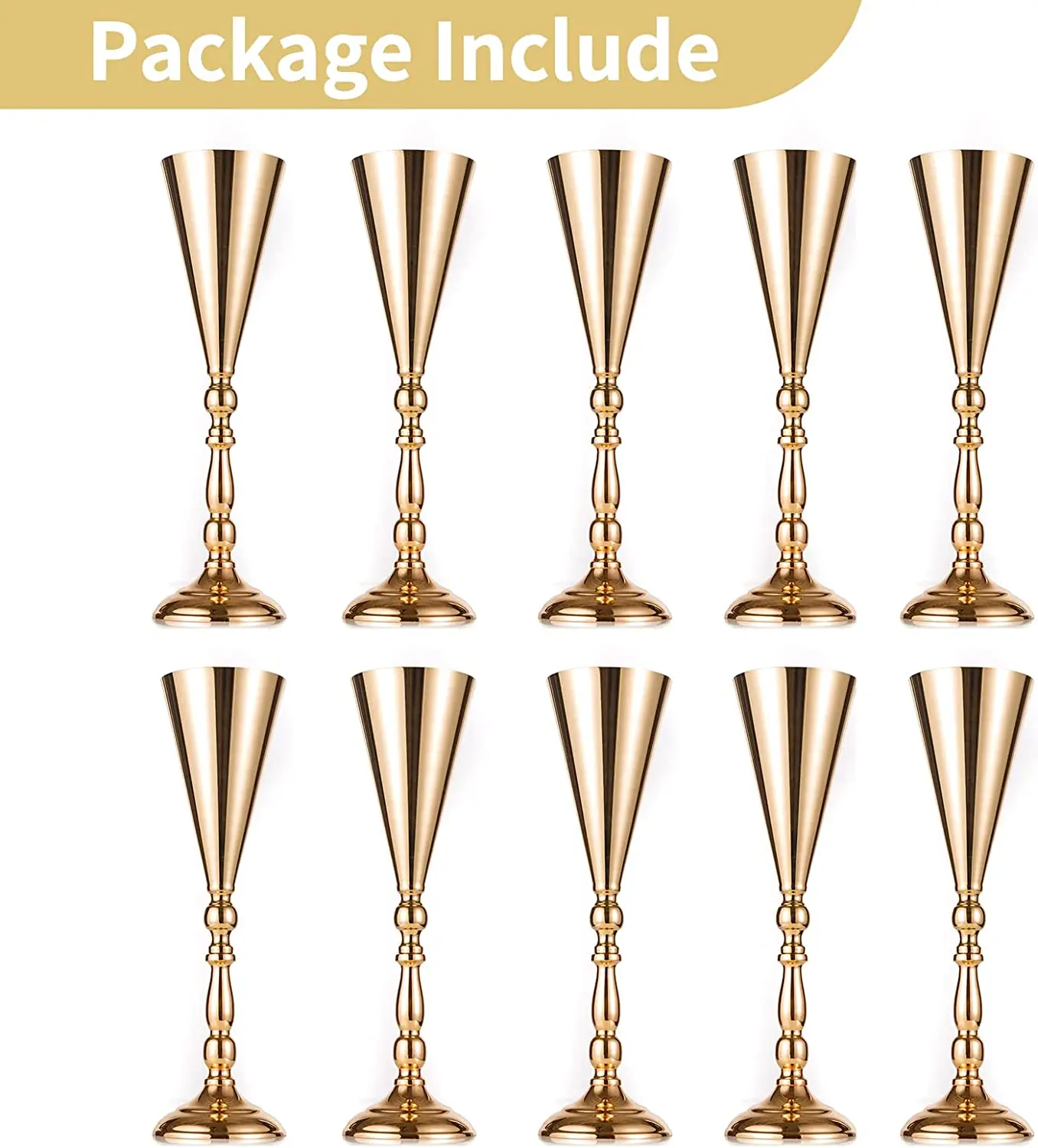 10 Pcs Gold Metal Wedding Flower Trumpet Vase, Table Decorative Centerpiece Artificial Flower Ceremony Party Birthday Event