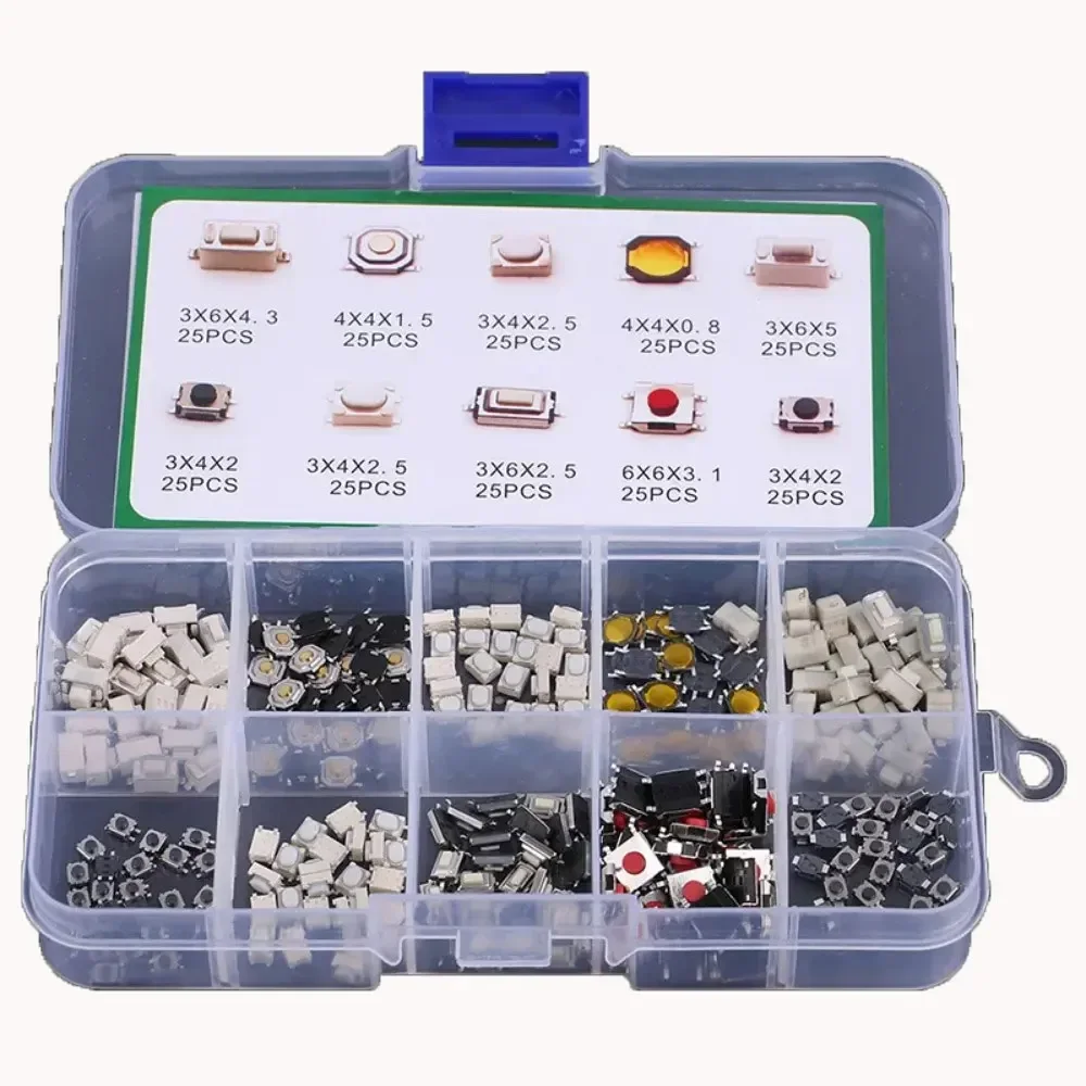 

100/200/250pcs Car Micro Switch Kit-10 Types Tactile Push Buttons for Remote/Keys/Tablet Durable Touch Switches with Storage Box