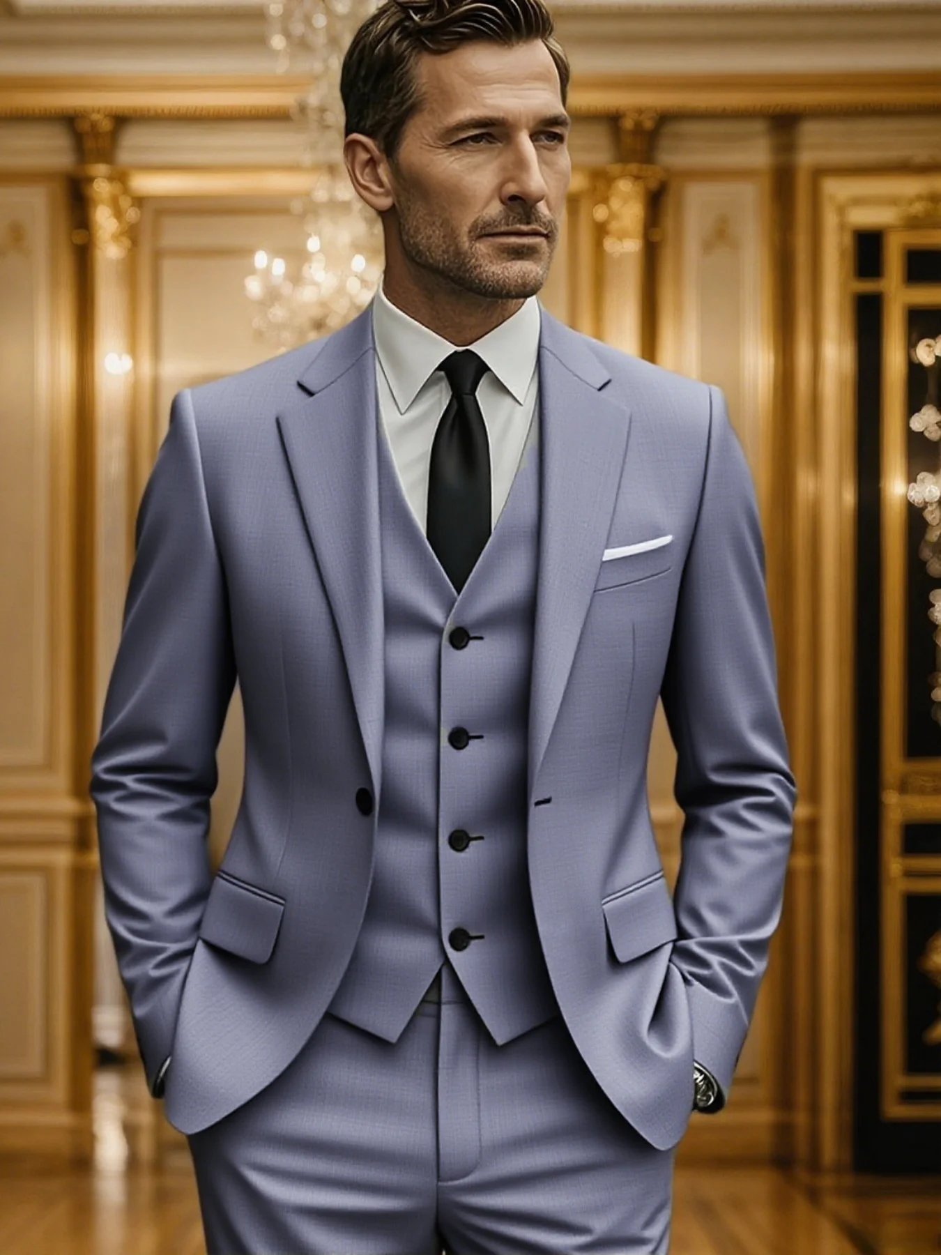 

Мужской стильный костюм-тройка: черный пиджак, белая рубашка и брюки для вечеринок и деловых мероприятий