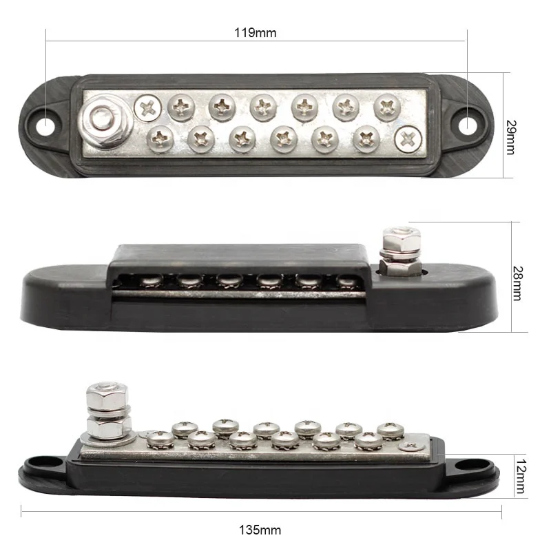 12V 250A 12 Terminal Power and Ground Distribution Block bus bar with Ring Terminals