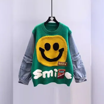Nep tweedelige lachend gezicht losse trui tops dames streetwear trend mode denim mouw patchwork ronde hals truien kleding