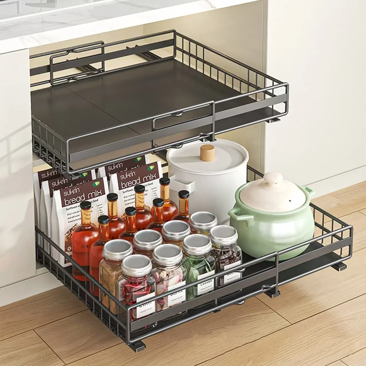 

Expandable Pull Out Sliding Drawers Bowl Basket Kitchen Storage Racks Slide Out Cabinet Seasoning Bottle Organizer Accessories