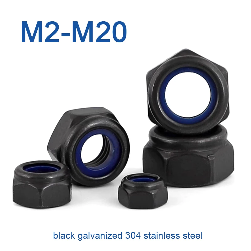 Black Galvanized 304 Stainless Steel Nylon Self-lock Hex Nuts Locknut DIN985 M2 M2.5 M3 M4 M5 M6 M8 M10 M12 M14 M16 M18 M2