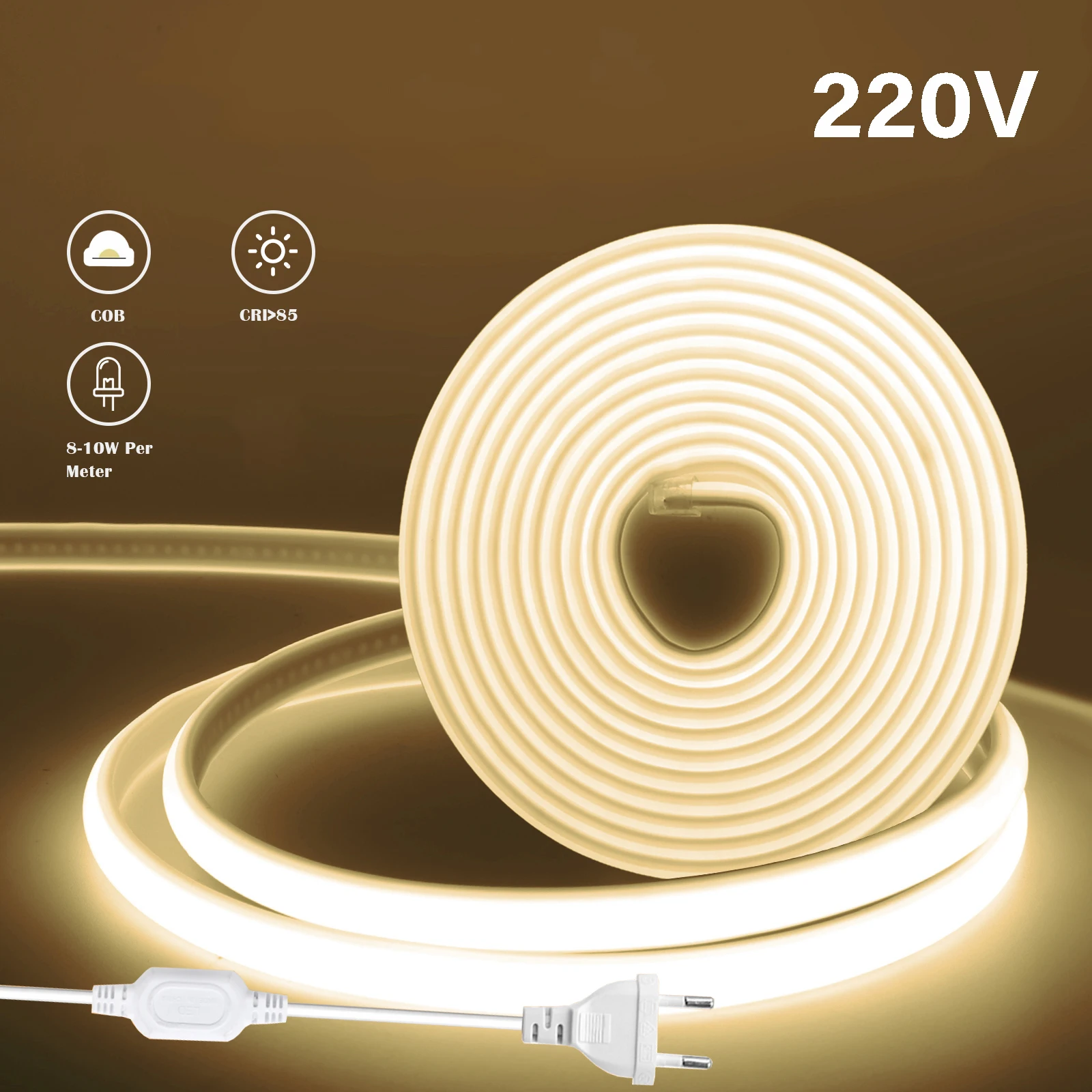 

220V COB LED Strip with Power EU Plug 288LEDs/m Flexible Ribbon RA90 IP65 Waterproof Outdoor Garden Light Kitchen Bedroom Decor