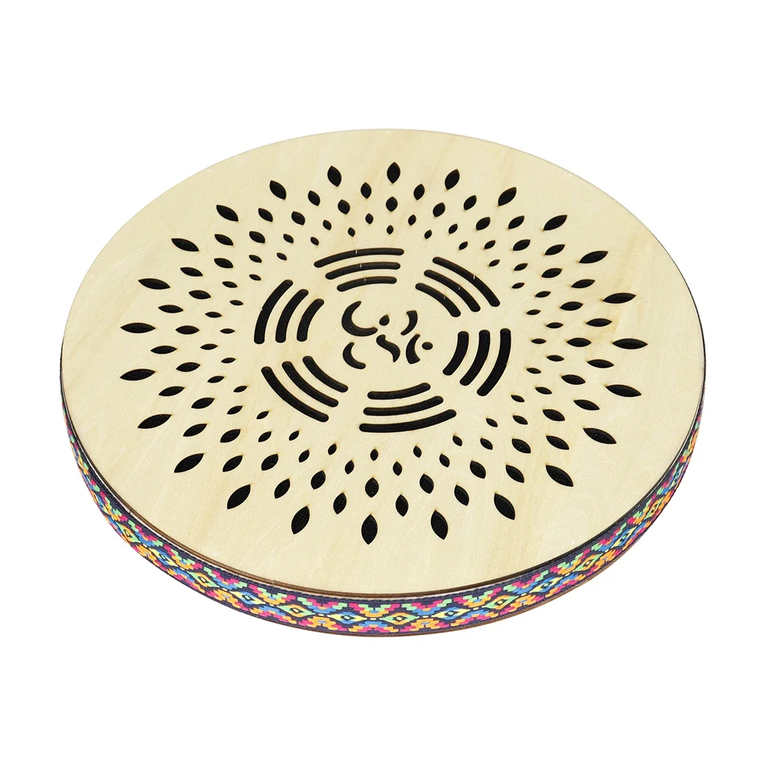  12 Inch Solid Wood Stream Drum Hand Carving Rain Falls Pattern and Colorful Woven Trim Sea Wave Sound Percussion Instrument