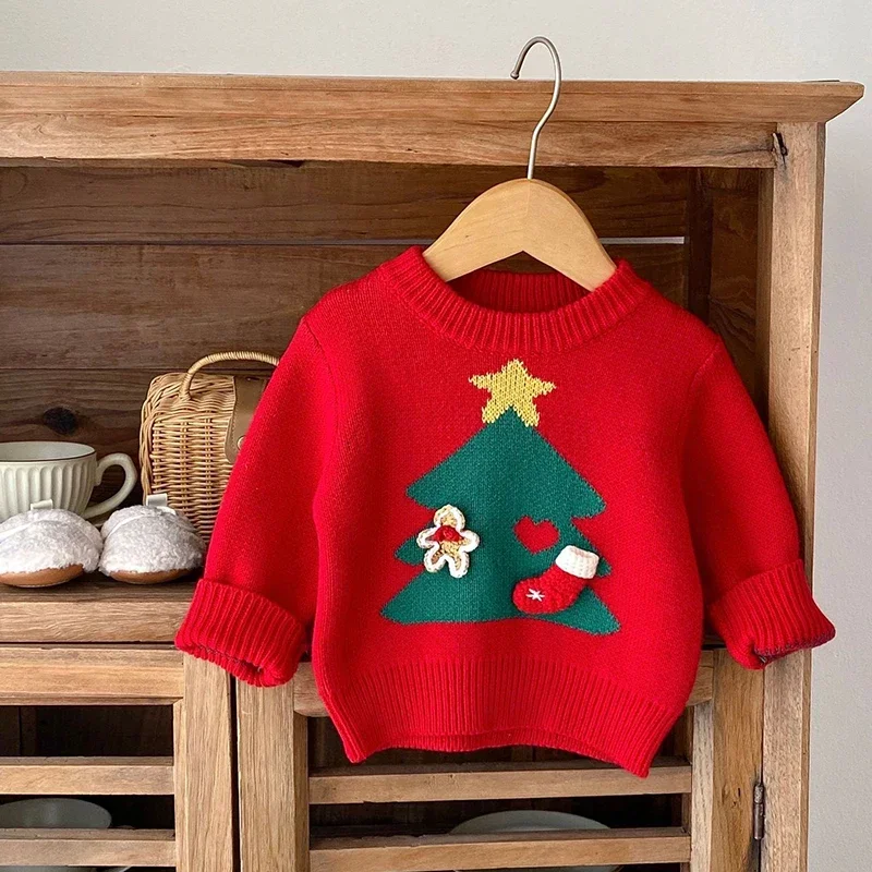 Christmas Sweater New Boys Autumn Winter Christmas Tree Baby Girl's Sweater Jacquard Pullover Sweater Knitted Tops New Year Gift