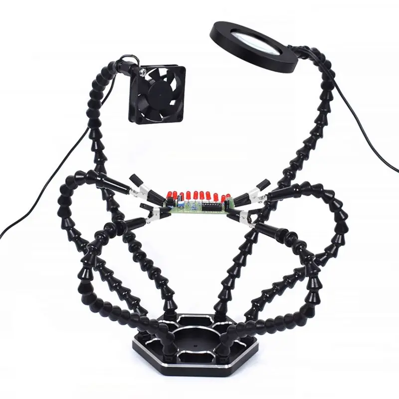 

A02M-Third Hand Soldering PCB Holder Tool Helping Hands Crafts Hobby Welding Station USB DC Cooling Fans 6Pc Flexible Arms