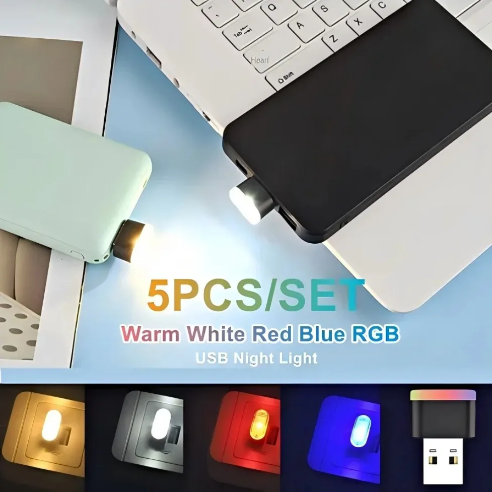 5pcs/Set Mini USB LED Night Light Multi Colour Car Interior Decor Night Lamp Notebook Computer DC5V Car Ambient Light Neon Light