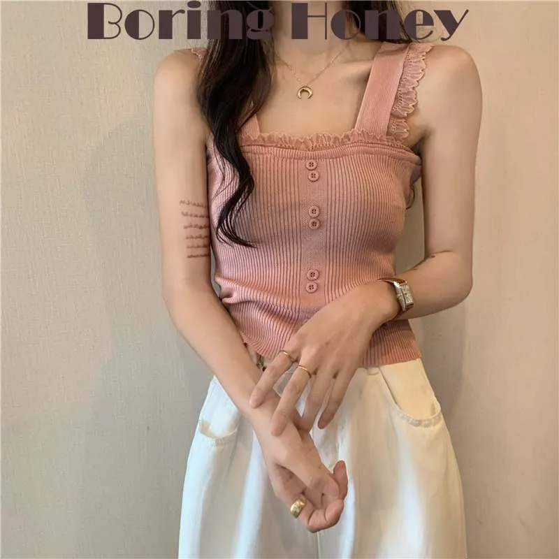 Boring Honey Crop Top Knitting Sling Vest Summer Clothes For Women Double Buckle Lace Slim Basic Solid Color T-Shirt Tops