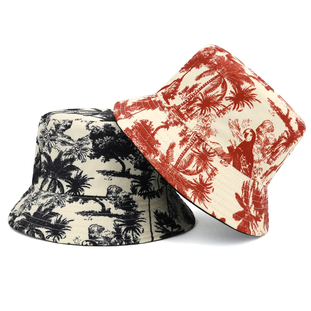 Luxury Tree Bird Print Bucket Hats Women Men Summer Outdoor Sunscreen Panama Female Travel Fashion Fisherman Caps Sun Production