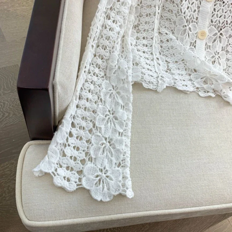 REALEFT Summer Lace Crochet Women\'s White Cardigan 2024 New Hollow Out Beach Bohemian Long Sleeve Short Tops Shirt Female