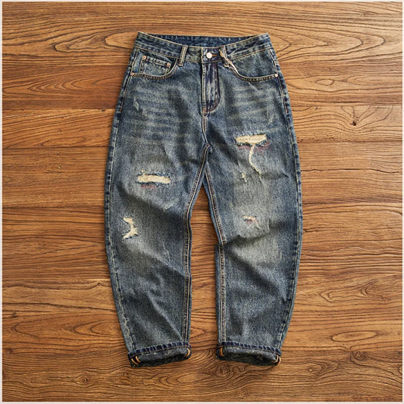 

Fashionable street jeans for men, retro patchwork patches, loose tapered small straight leg denim pants with holes