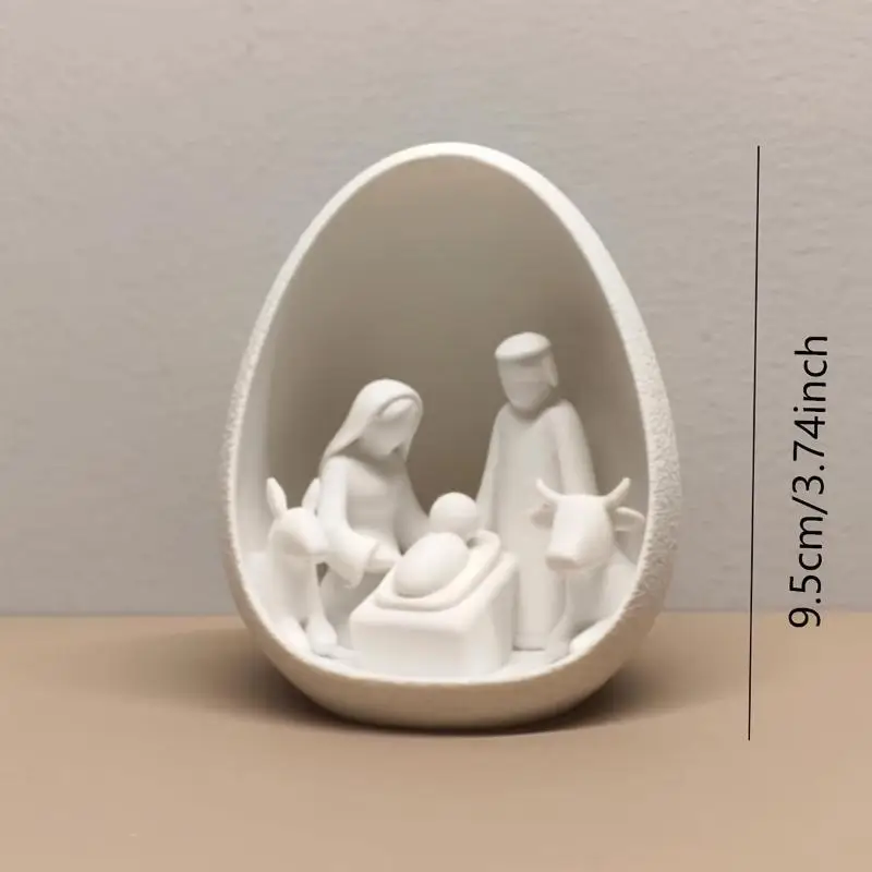 Holy Family Nativity Scene Christmas Egg Statue Handpainted Resin Xmas Tabletop Ornament for Housewarming Gift