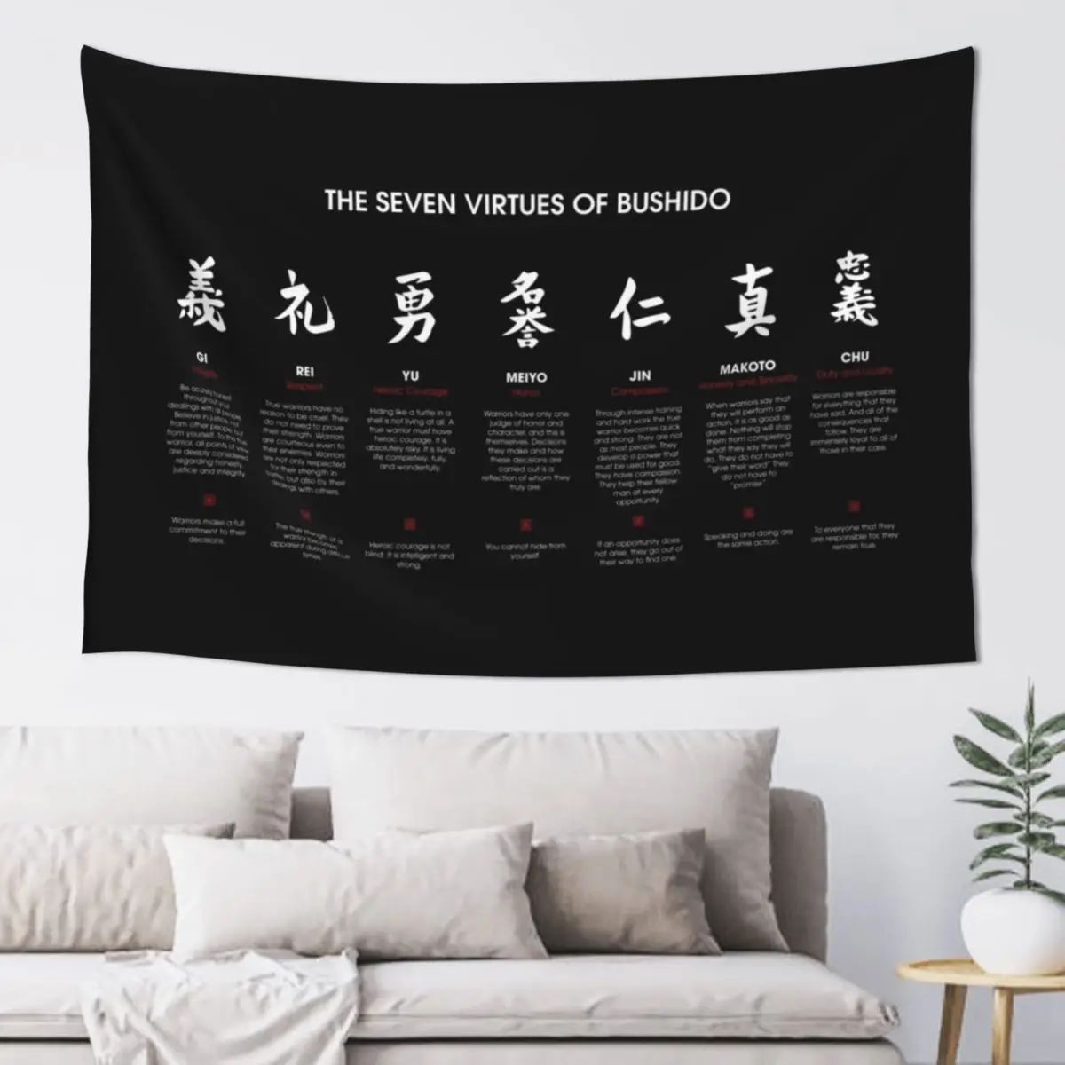 

The 7 Virtues of Bushido (white text) Tapestry Decoration Home Wall Deco Home Decorations House Decor Tapestry