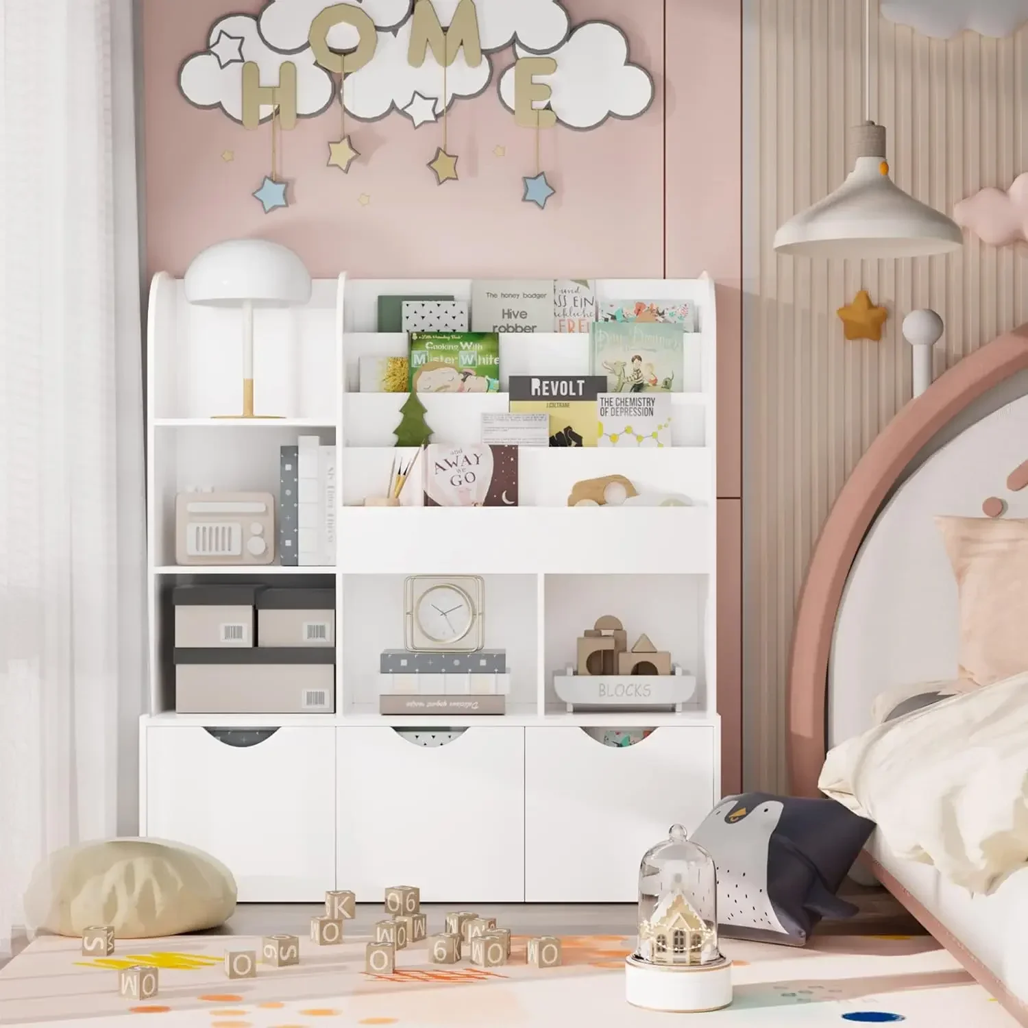 

Детский книжный шкаф и книжная полка 47 дюймов, многофункциональный книжный шкаф с 5 кубиками для хранения и 3 подвижными ящиками, органайзер для книжного шкафа