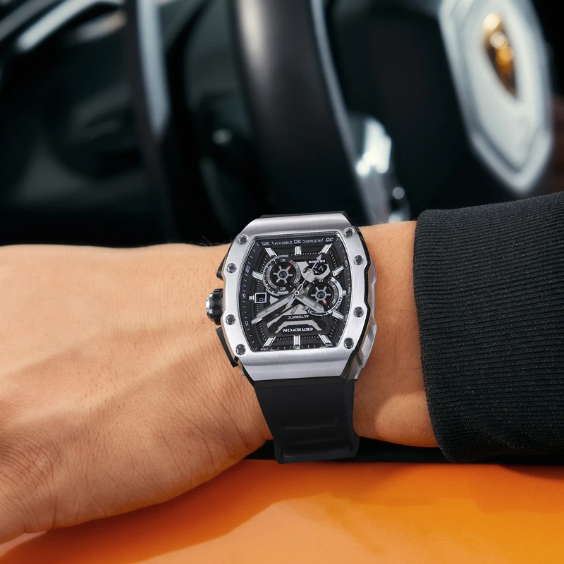 Men's Mechanical Watch Fully Automatic Hollowed Out Luminous 5ATM Waterproof Wine Barrel Shaped CERIEPON