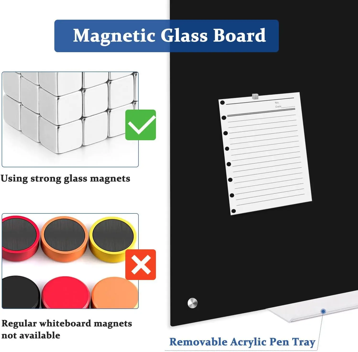 Placa magnética de vidro preto de 36 x 24 polegadas com bandeja de caneta e ímãs para escritório, escola e casa