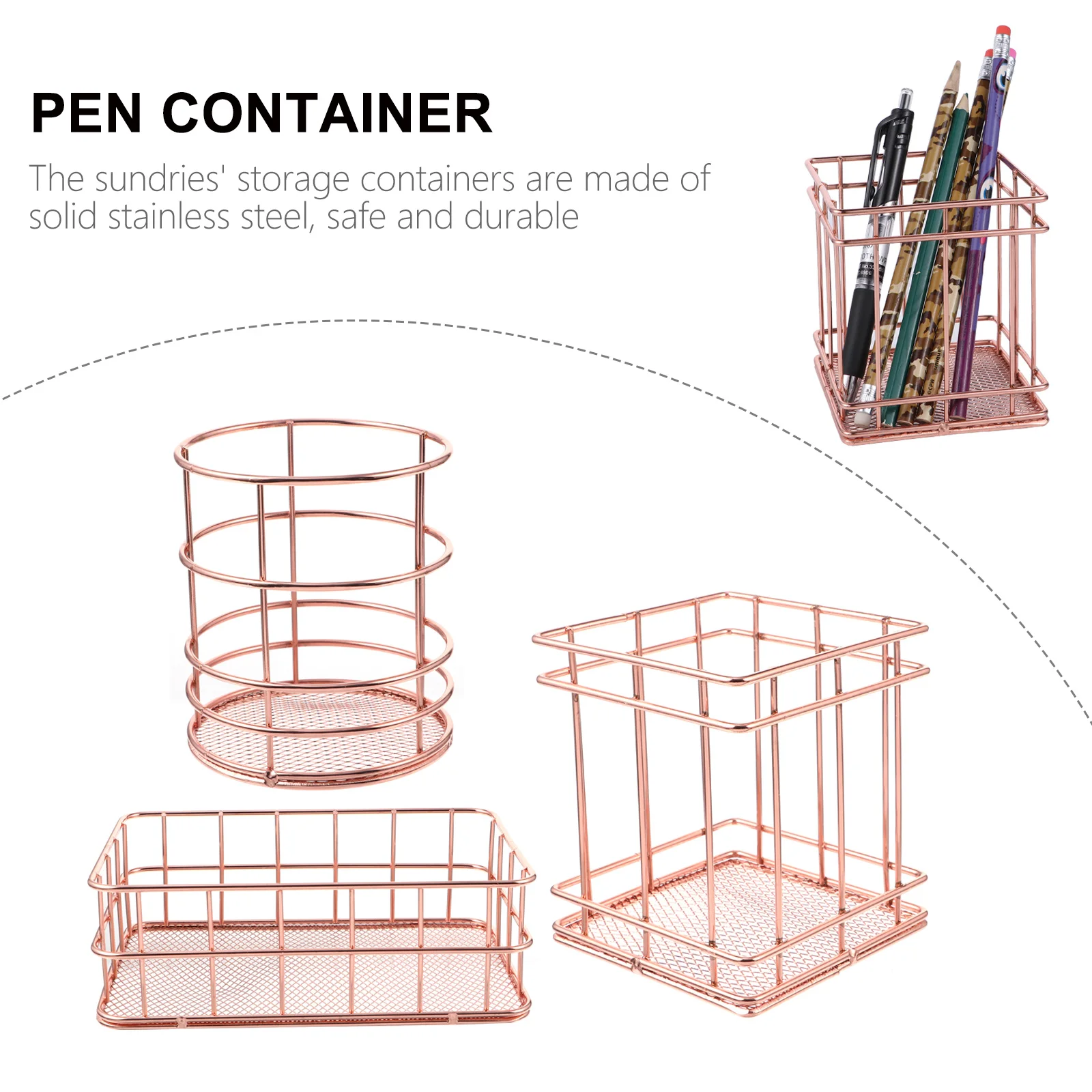 

3Pcs Rose Gold Pen Holder Stainless Steel Mesh Storage Basket Hollow Carved Organizer for Desk Kitchen Bathroom Metal Container