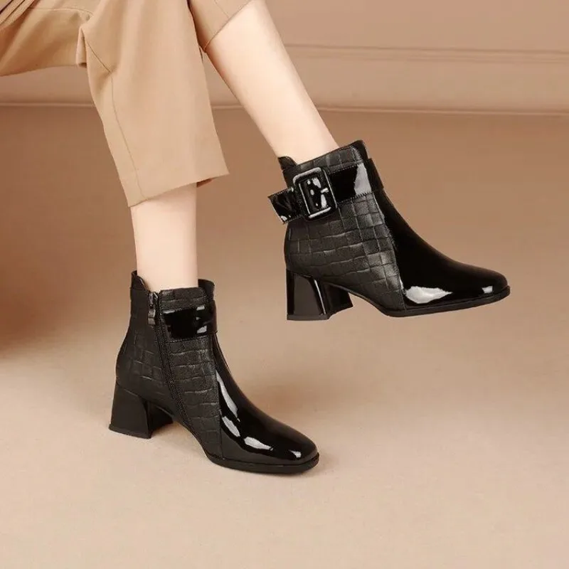 

Elegant Heeled Waterproof Booties on Promotion Square Toe Leather Woman Short Shoes Autumn Winter Hot Sale Ankle Boots for Women